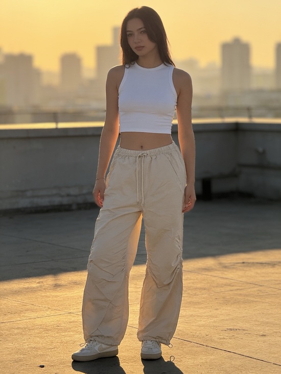 Abercrombie & Fitch Pants - Abercrombie & Fitch Cream Wide-Leg Drawstring Cargo Pants